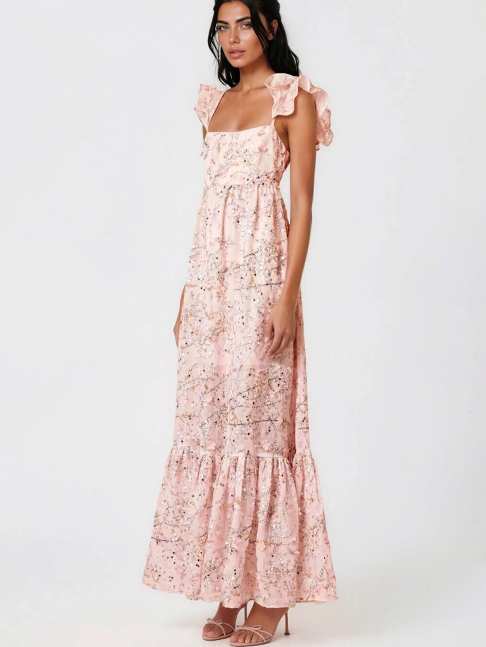 Elliatt Regina Pink 3D Flower & Sequin Embellished Ruffle Maxi Dress - Picture 4 of 6